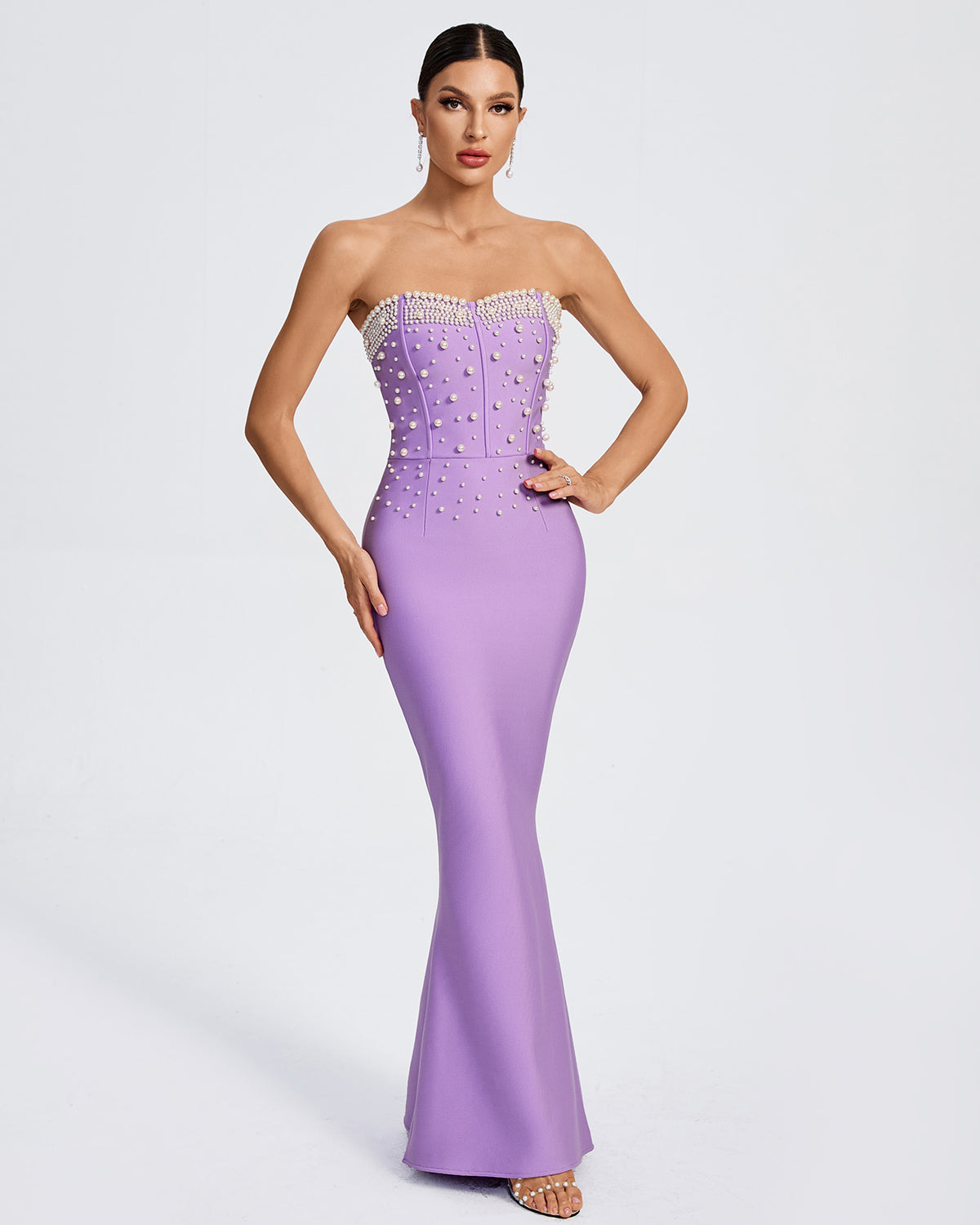 Vestido bandage color Lila con perlas blancas corte sirena ocssir - Main Image