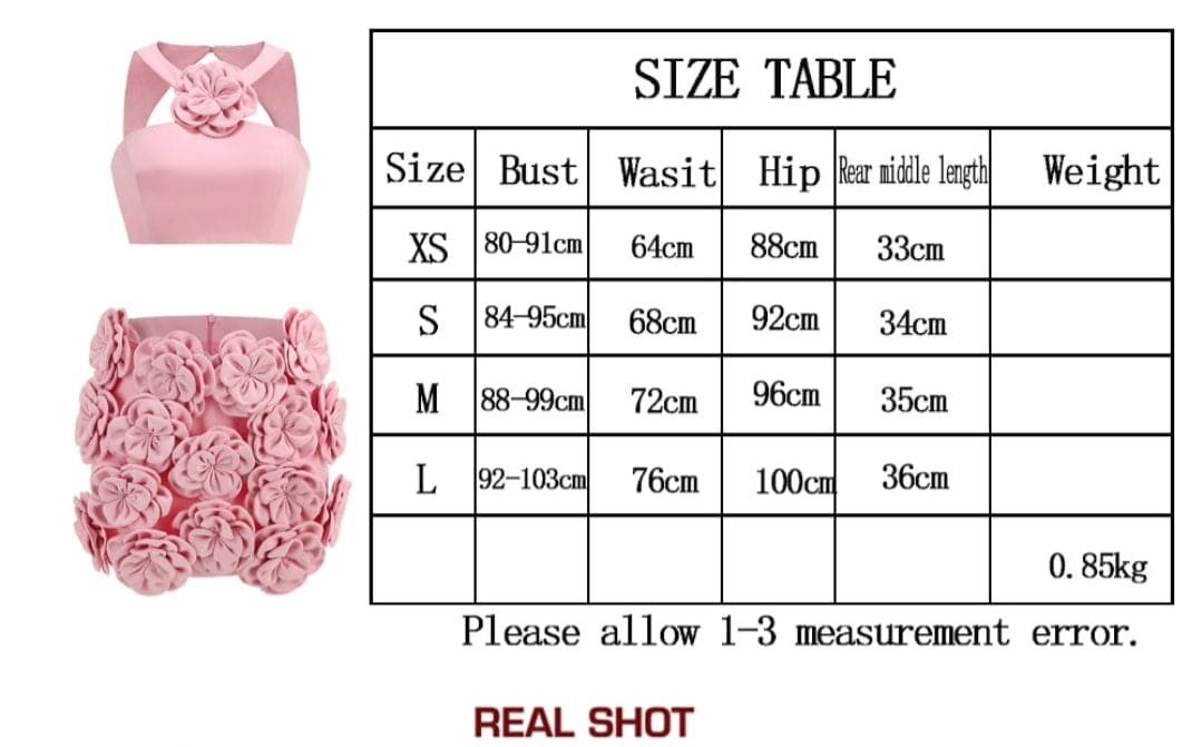 Conjunto 2 piezas color rosa y flores en relieve en falda