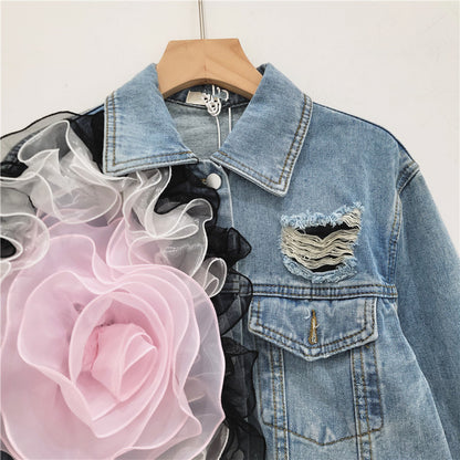 Chaqueta vaquera corta con flores en rosa , talla única  / ocstr