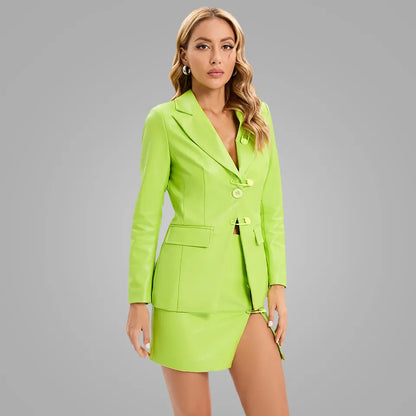 Conjunto blazer + falda color verde poli-piel