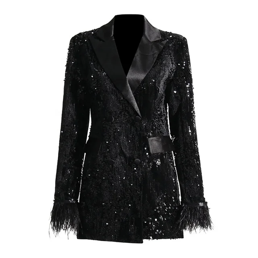 Blazer negro lentejuelas y plumas en mangas