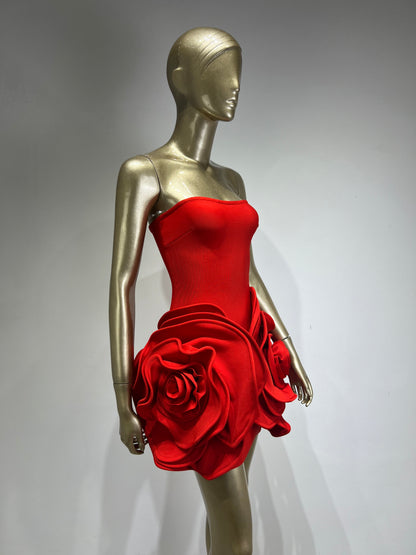 Vestido fiesta palabra de honor rojo bandage , flores en relieve /ann