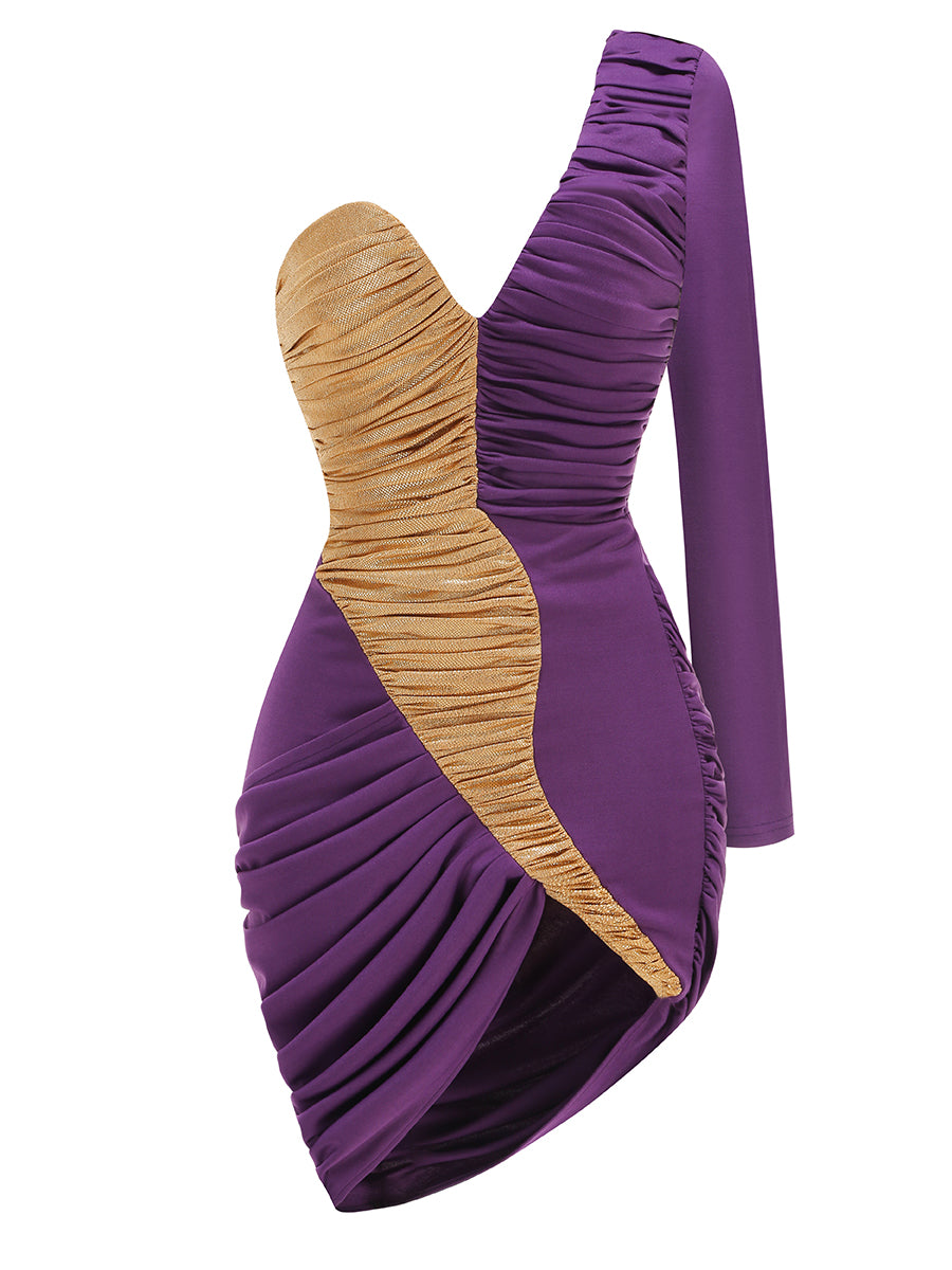 Vestido lila y dorado con manga larga y hombro descubierto
