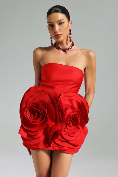 Vestido fiesta palabra de honor rojo bandage , flores en relieve /ann