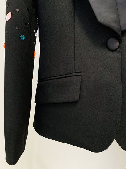 Conjunto Blazer + pantalón negro con piedras de colores