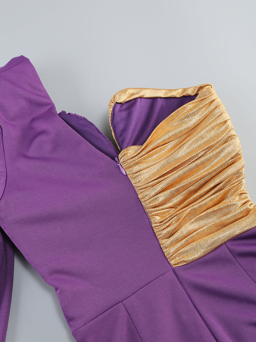 Vestido lila y dorado con manga larga y hombro descubierto