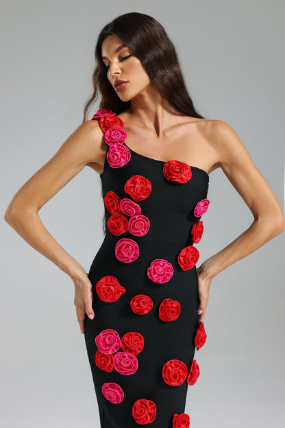 Vestido bandage fondo negro , detalle flores en relieve