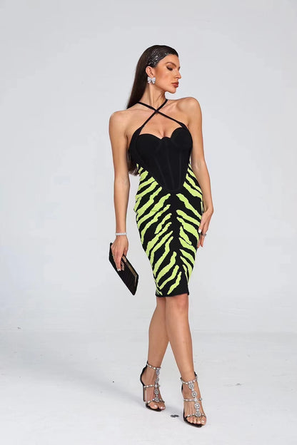 Vestido bandage estampado en  zebra negro y amarillo