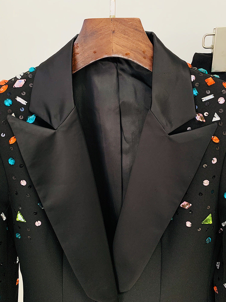 Conjunto Blazer + pantalón negro con piedras de colores