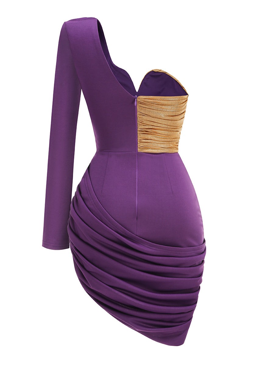 Vestido lila y dorado con manga larga y hombro descubierto