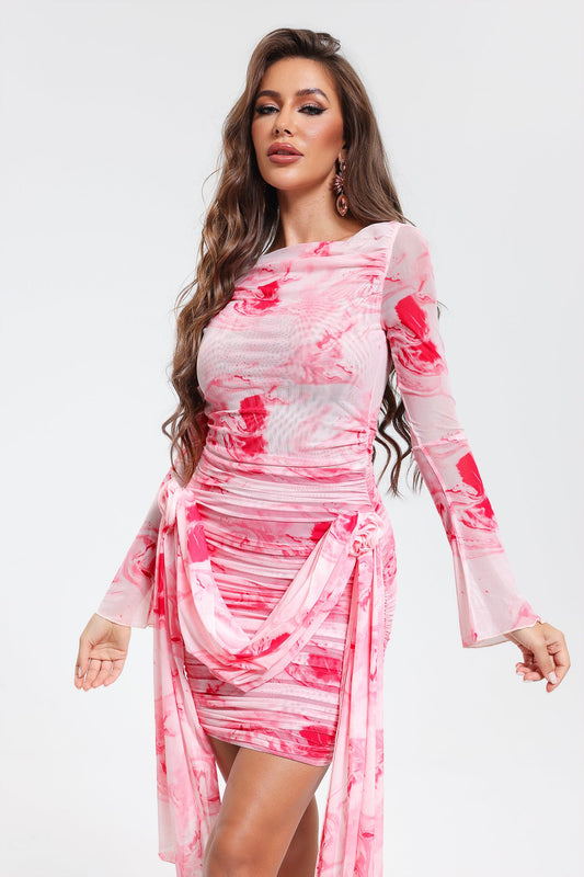 Vestido corto con pliegues, estampado rosa , manga larga