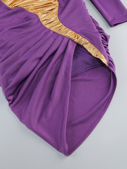 Vestido lila y dorado con manga larga y hombro descubierto
