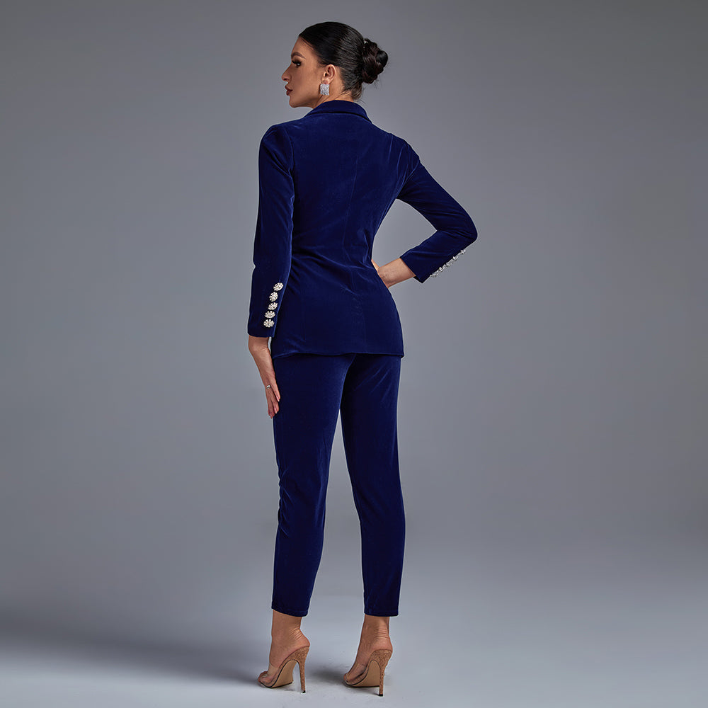 Conjunto blazer + pantalon de terciopelo color azul