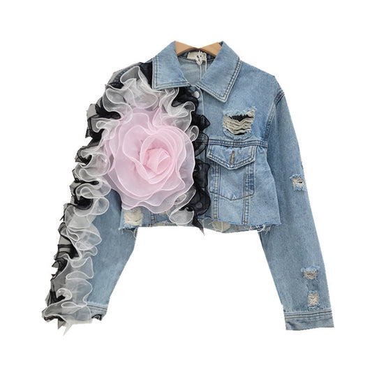 Chaqueta vaquera corta con flores en rosa , talla única  / ocstr