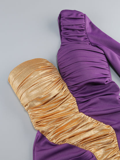 Vestido lila y dorado con manga larga y hombro descubierto