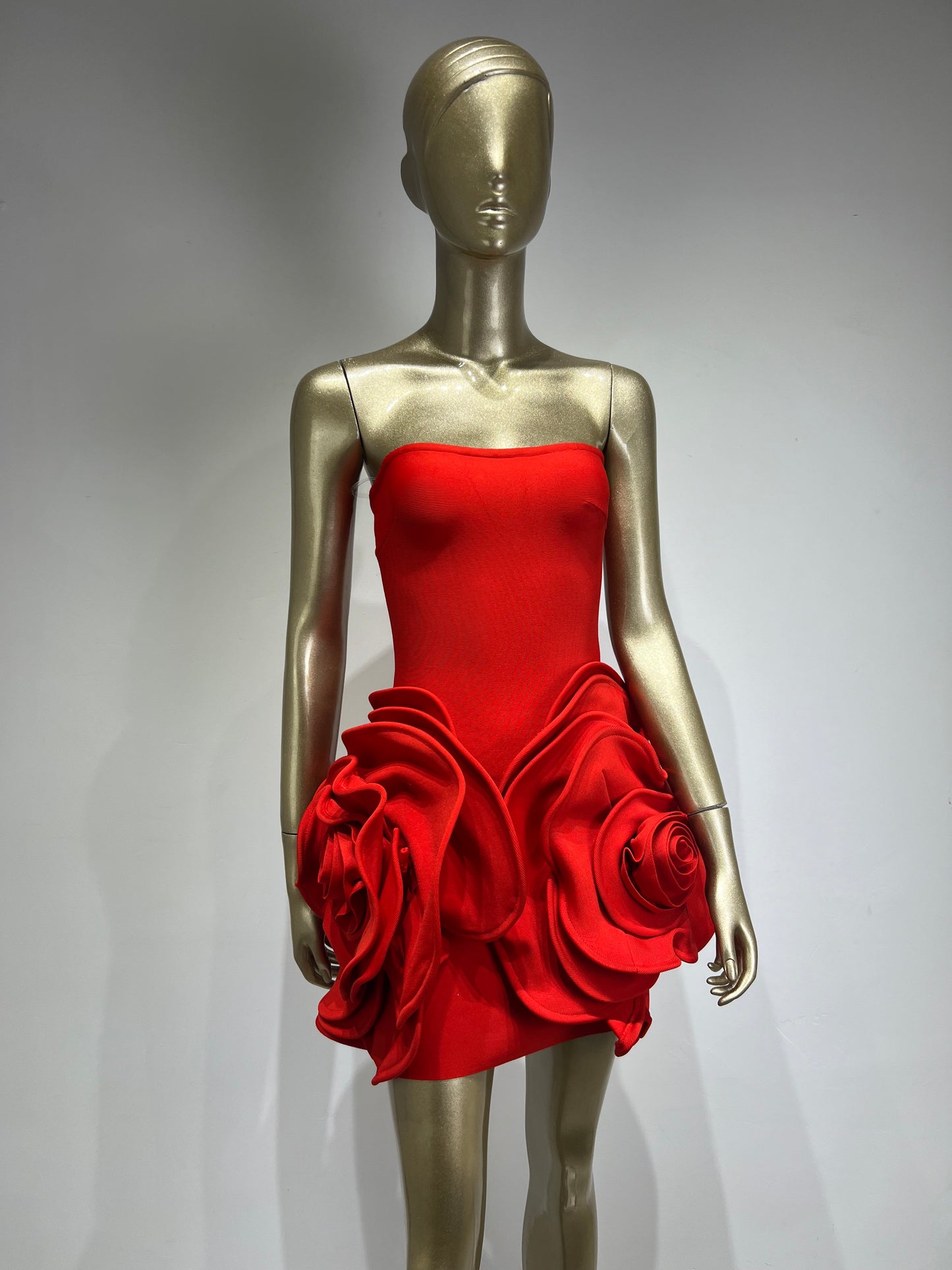 Vestido fiesta palabra de honor rojo bandage , flores en relieve /ann