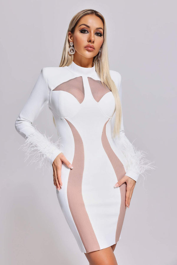 Vestido bandage blanco manga larga con plumas