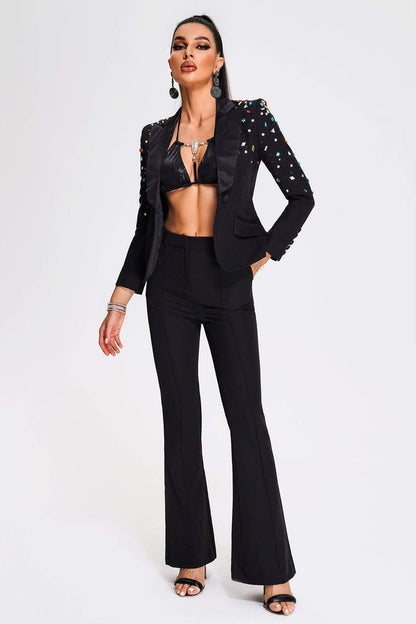 Conjunto Blazer + pantalón negro con piedras de colores