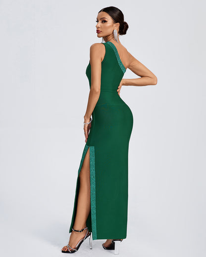 Vestido largo color verde bandage hombro descubierto / ocsver