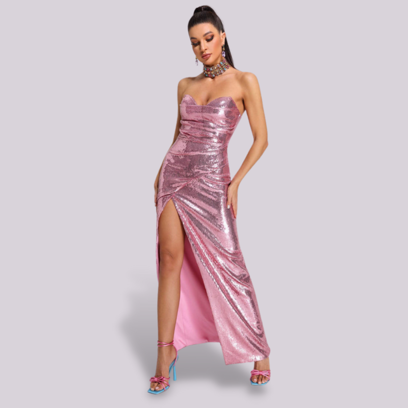 Vestido palabra de honor lentejuelas rosa y disponible en dorado