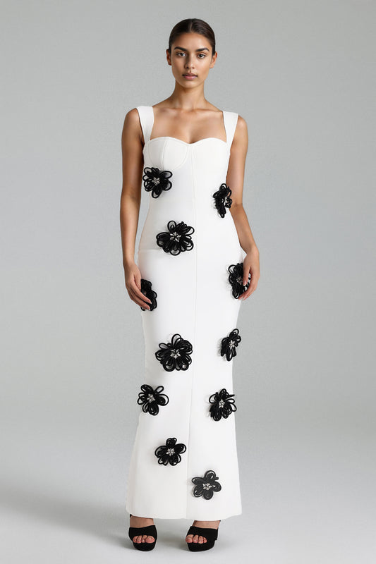 Vestido bandage blanco con detalles en flores negras y cristales / ocs