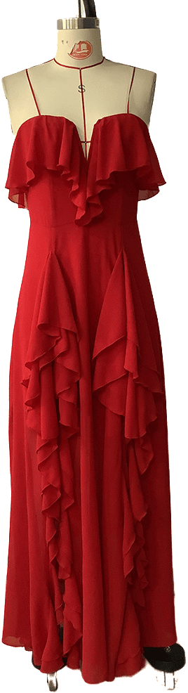 Vestido largo rojo, con vuelos en escote y falda