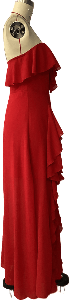 Vestido largo rojo, con vuelos en escote y falda