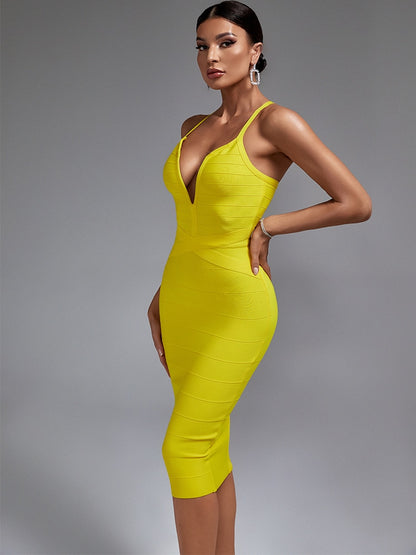 Vestido de bandage  amarillo escote en V