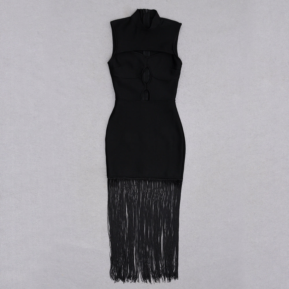 Vestido bandage color negro con flecos