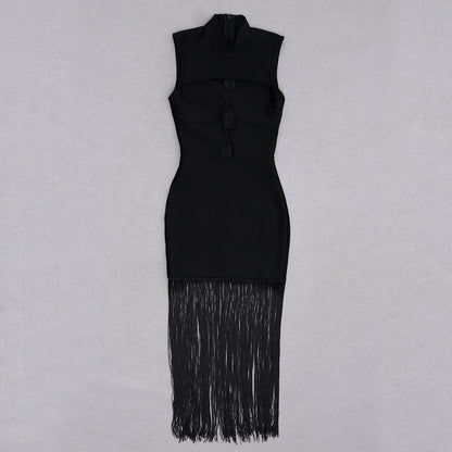 Vestido bandage color negro con flecos