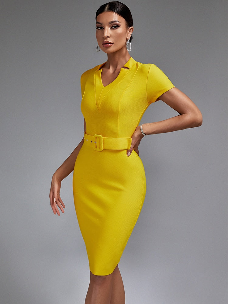 Vestido de bandage amarillo detalle cinturón