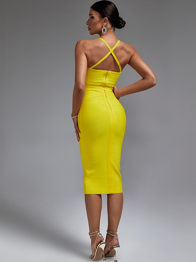 Vestido de bandage  amarillo escote en V