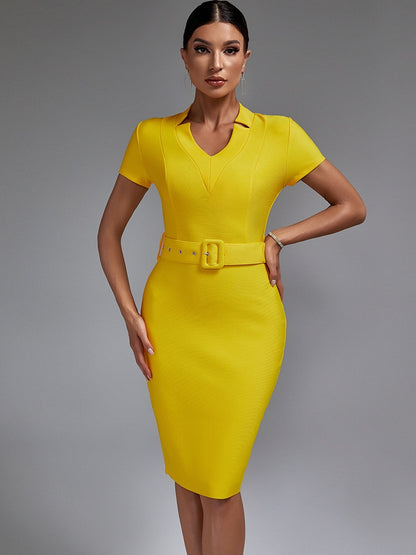 Vestido de bandage amarillo detalle cinturón