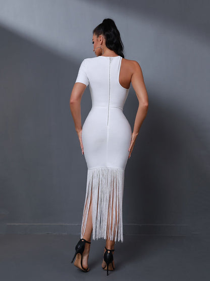 Vestido bandage blanco detalle flecos