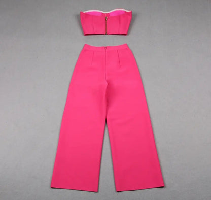 Conjunto top + pantalón rosa detalle plateados