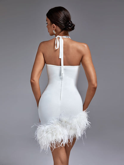 Vestido bandage blanco plumas