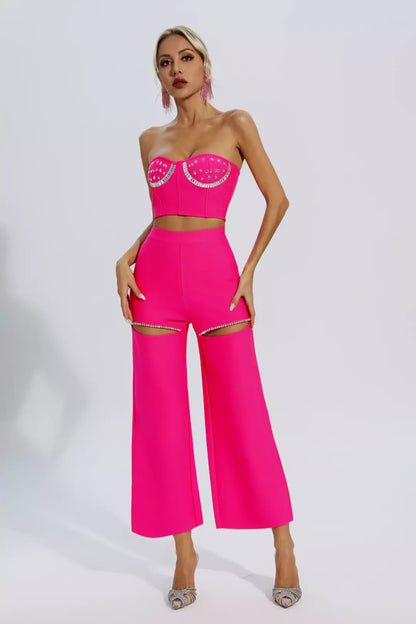 Conjunto top + pantalón rosa detalle plateados