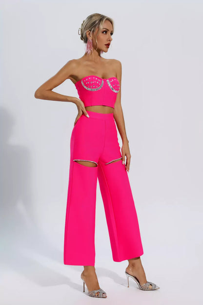 Conjunto top + pantalón rosa detalle plateados