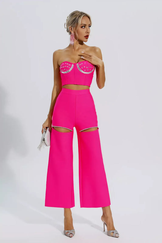 Conjunto top + pantalón rosa detalle plateados