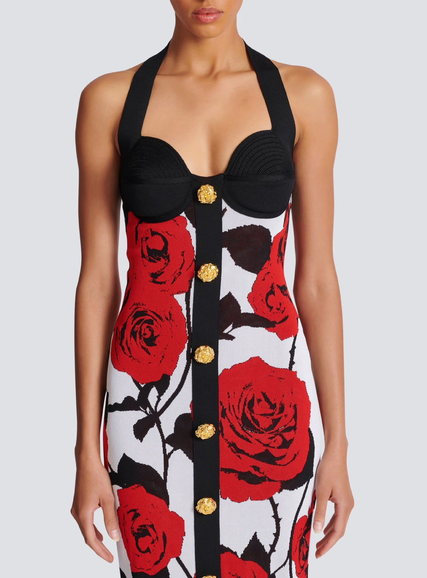 Vestido bandage estampado de rosas rojas , y detalles dorados / ocstr