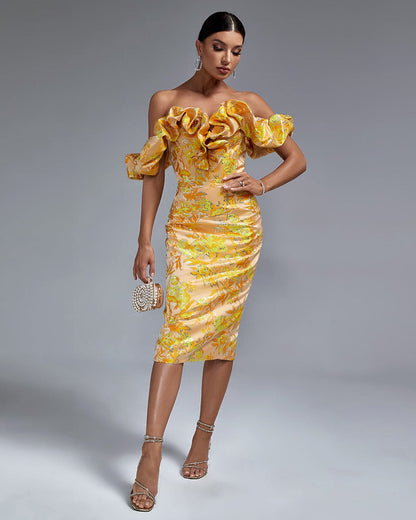 Vestido estampado floral hombro descubierto