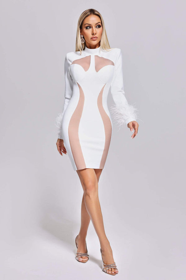 Vestido bandage blanco manga larga con plumas