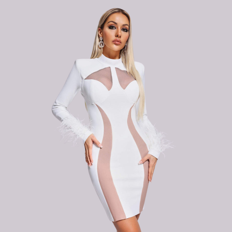 Vestido bandage blanco manga larga con plumas