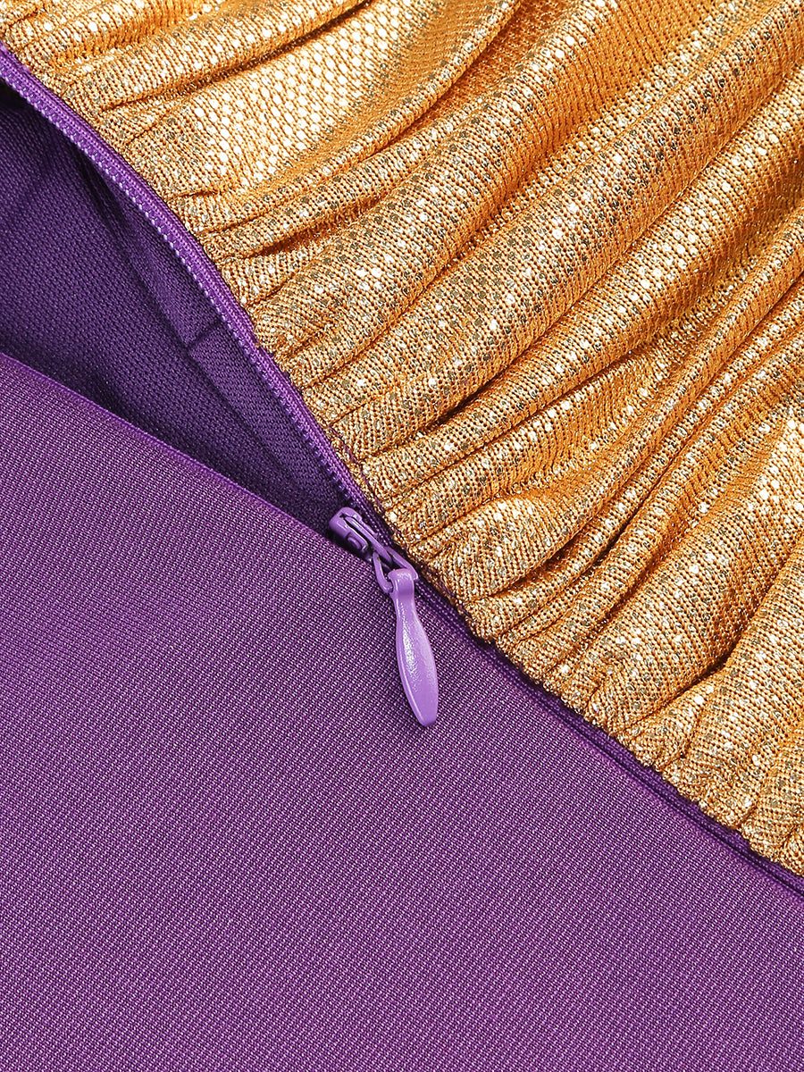 Vestido lila y dorado con manga larga y hombro descubierto