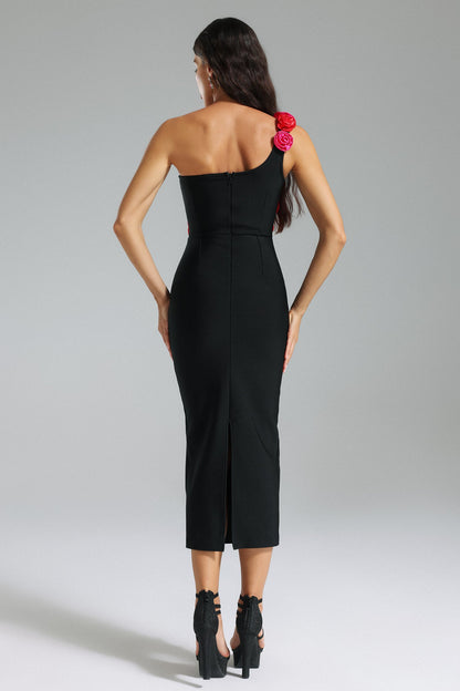 Vestido bandage fondo negro , detalle flores en relieve