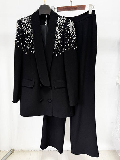 Blazer + pantalón detalles en hombros en piedras plateadas