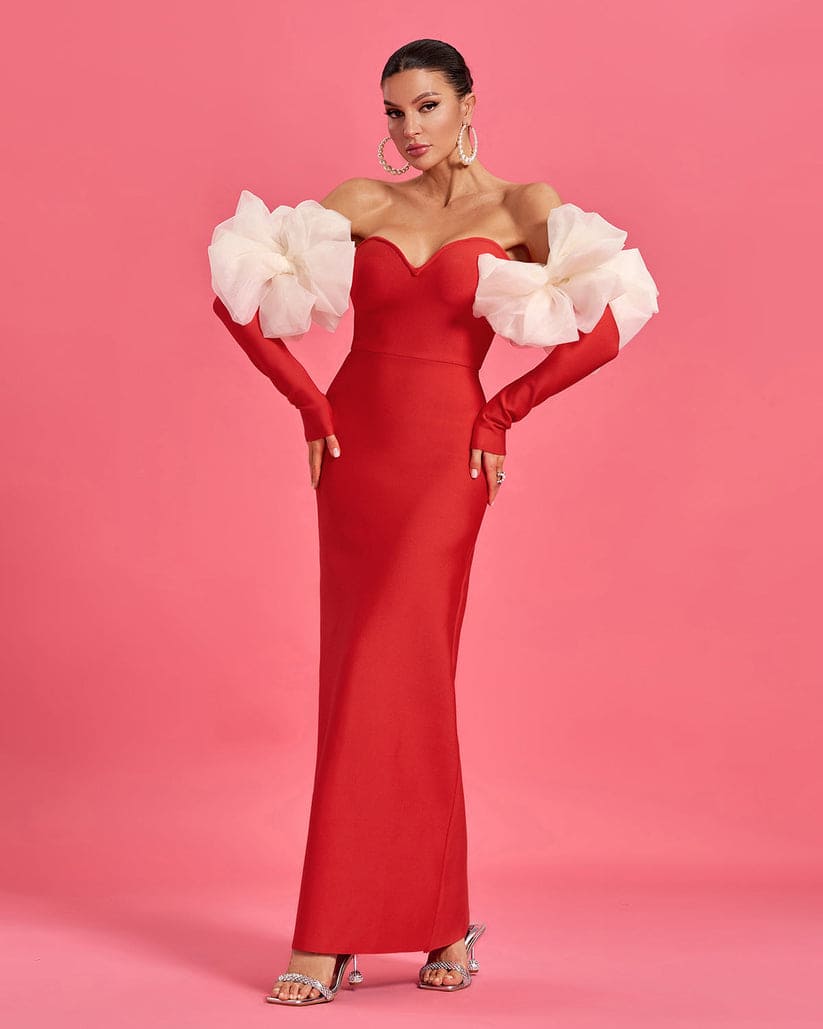 Vestido largo de bandage color rojo , y manga larga detalles en flores