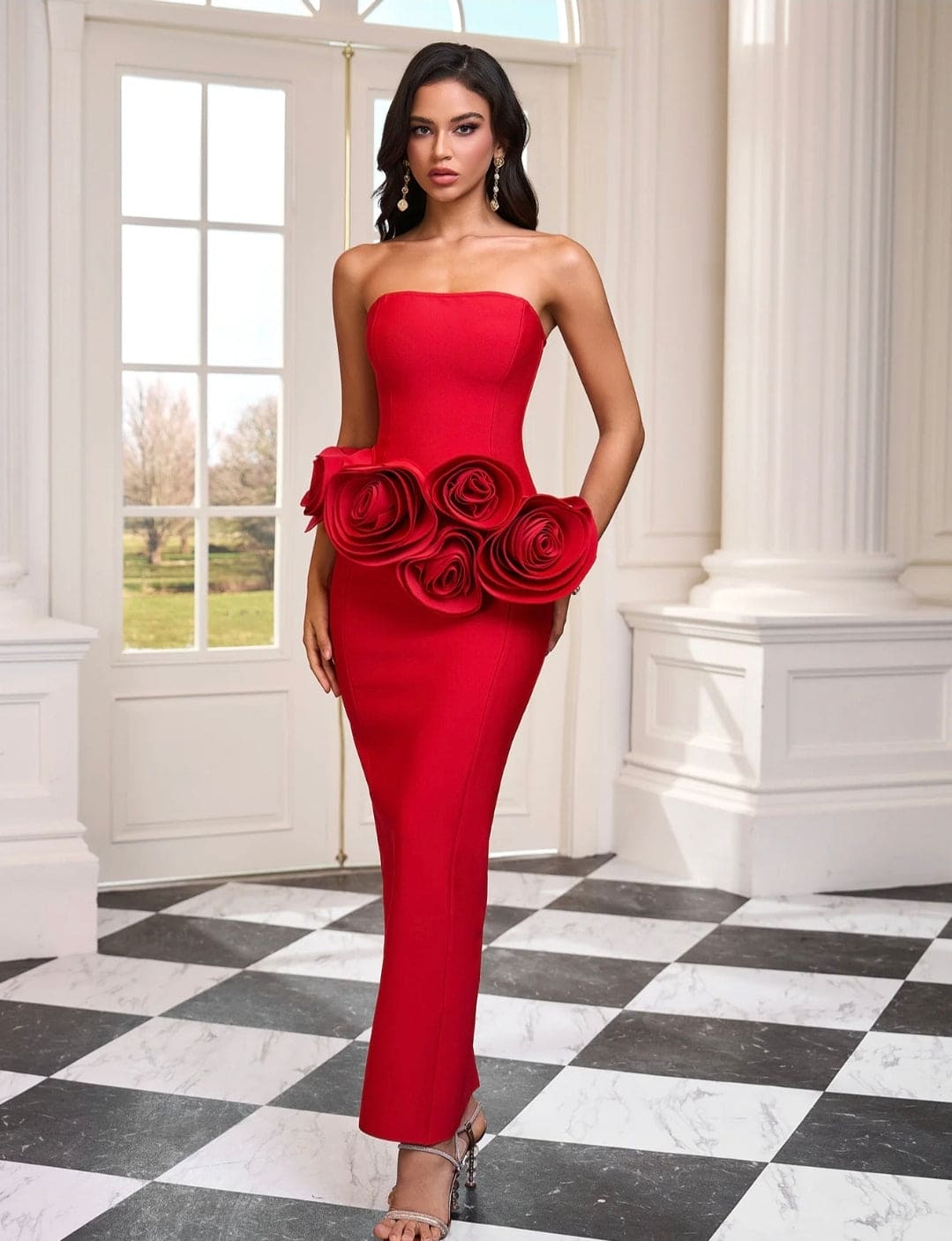 Vestido rojo largo bandage palabra de honor flores en relieve