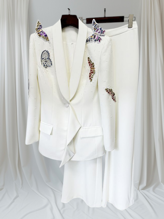 Blazer + pantalón ancho color blanco con detalles en mariposas de colores colección ocs