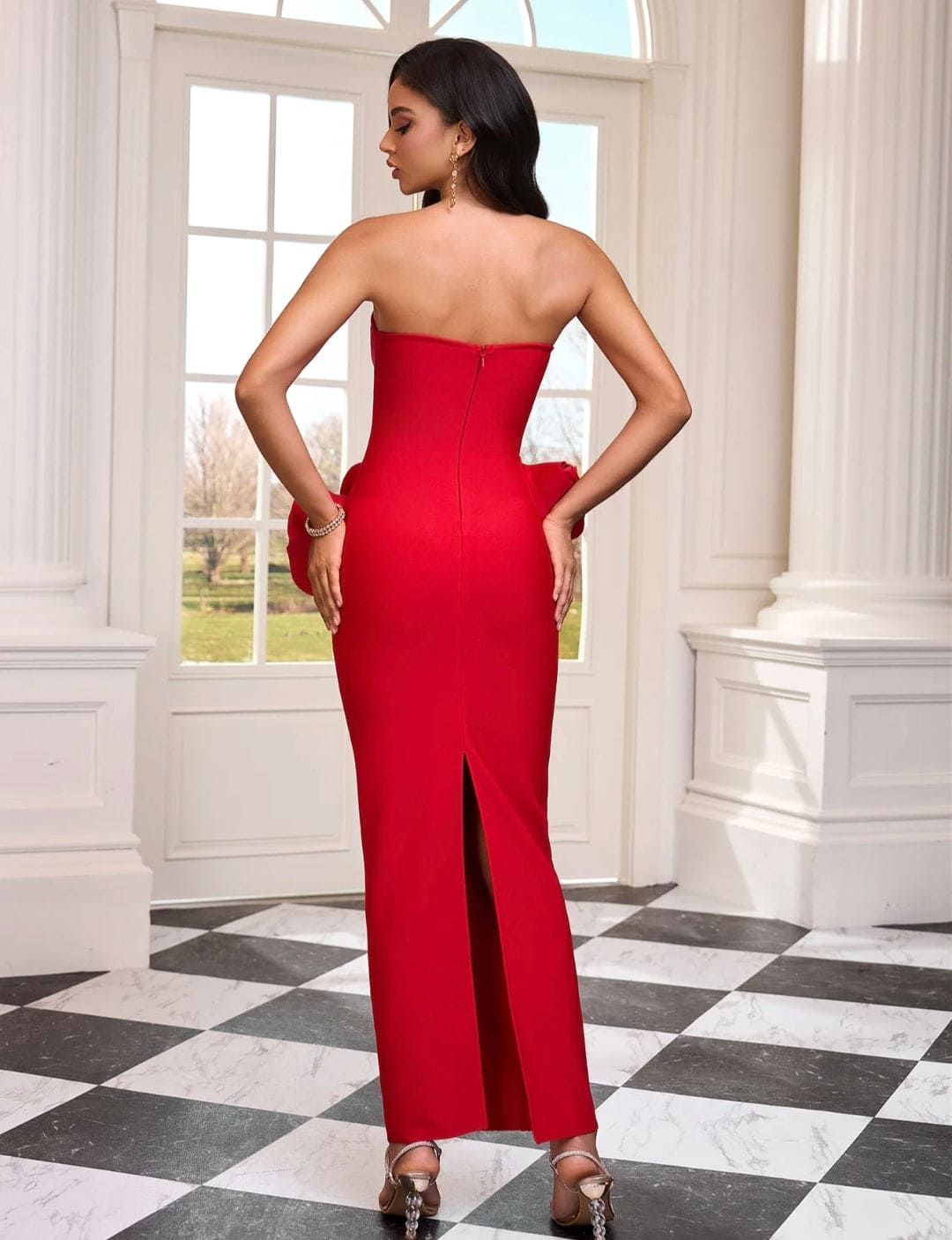 Vestido rojo largo bandage palabra de honor flores en relieve